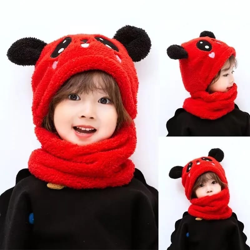 Boys and Girls Adorable Winter Baby Cap Velvet Cartoon Panda & Rabbit Hat with Warm Neck Collar | Plush Kids Beanie & Scarf Combo for Cold Weather