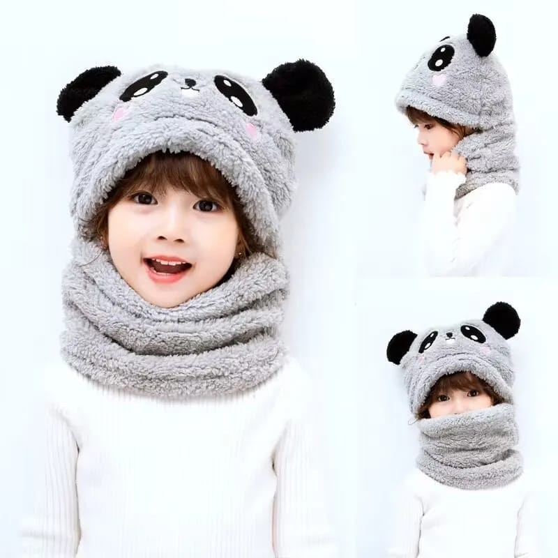 Boys and Girls Adorable Winter Baby Cap Velvet Cartoon Panda & Rabbit Hat with Warm Neck Collar | Plush Kids Beanie & Scarf Combo for Cold Weather